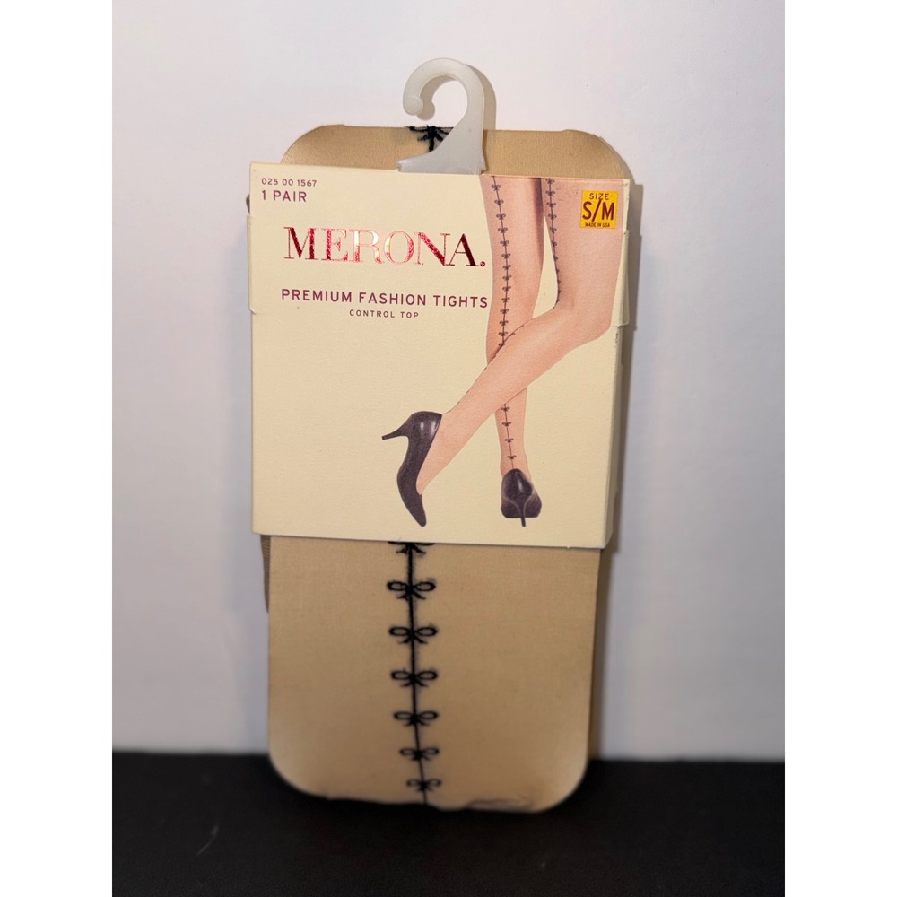 Merona Premium Fashion Tights Nude Black Backseam Bow Control Top S/M NEW